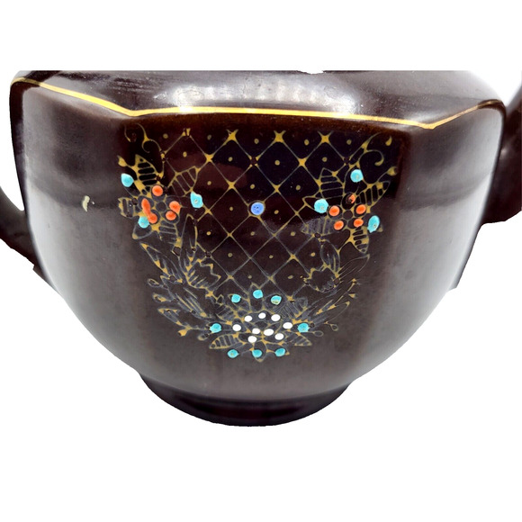 Vtg Hand Painted Teapot Redware Japan Moriage Brown Orange Blue Gold Trim 6.5x8 - Picture 7 of 14